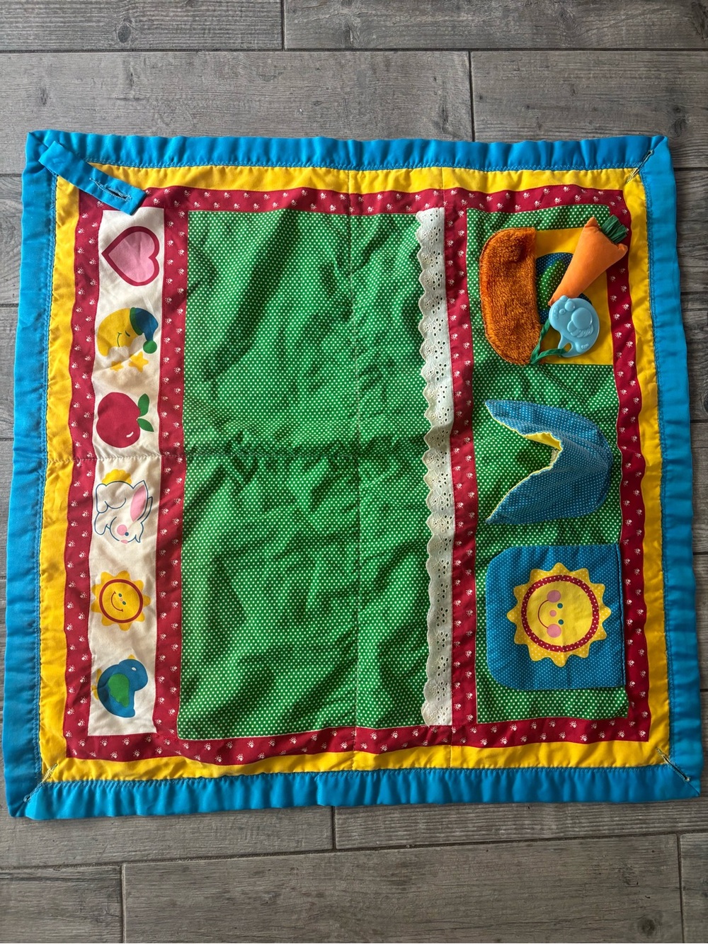 Vintage 80's Playskool Baby "Fold & Go Activity Quilt" Play Mat Blanket 30" sq